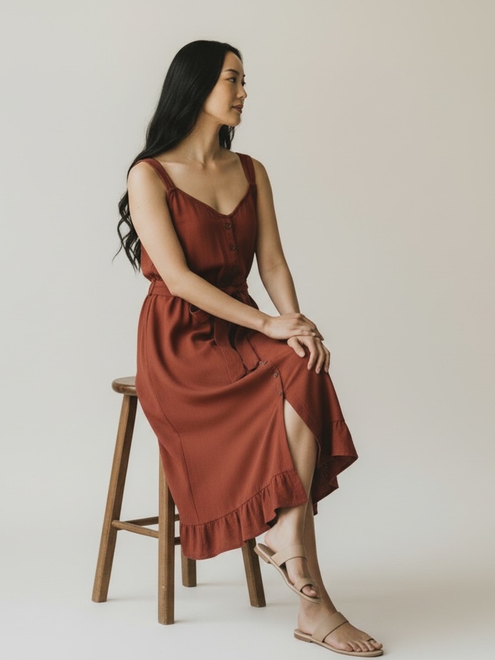 Abercrombie & Fitch Rust-Red Button Front Midi Dress